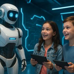Children and Robot in Futuristic Space
