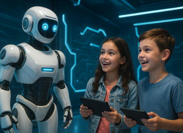 Children and Robot in Futuristic Space